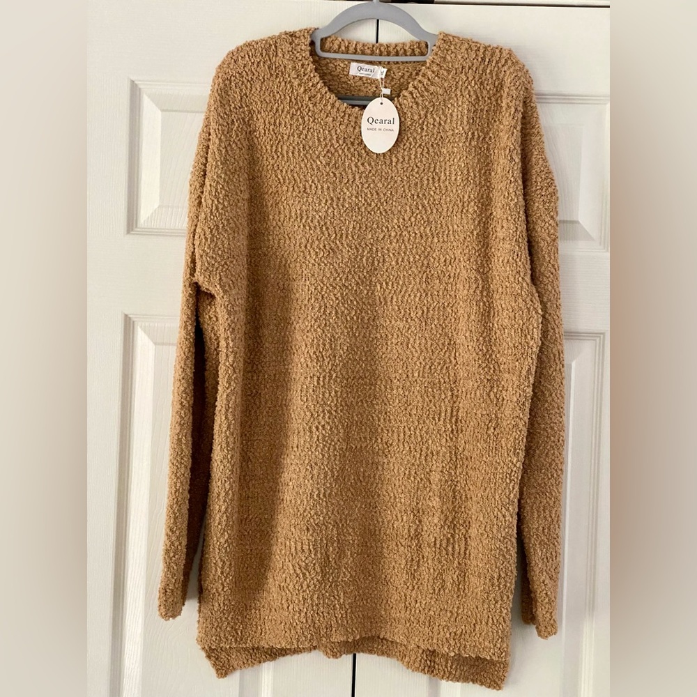 Qearal Women's Long Sleeve Fuzzy Knitted Sweater Popcorn Side Split Loose Pullov
